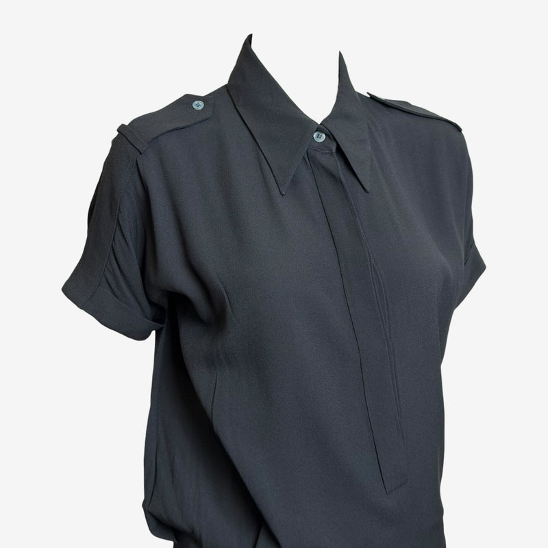 Black wool gabardine military shirt dress, detail of short sleeve with turned-up cuff