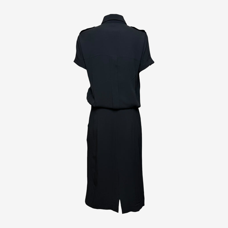 Military shirt dress by Alexander McQueen, close-up of half-zip front closure from collar to waist