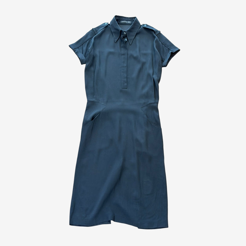 Black military shirt dress by Alexander McQueen, detail of pointed collar and shoulder epaulettes