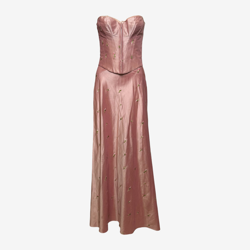 Dusty rose silk corset by Lolita Lempicka with hand-embroidered floral details, strapless sweetheart neckline