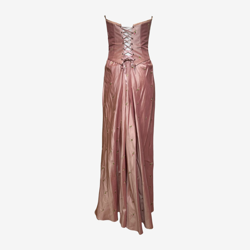 Embroidered floral detail on dusty rose silk maxi skirt by Lolita Lempicka