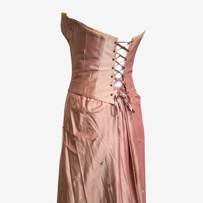 Structured boning detail on Lolita Lempicka silk corset with sweetheart neckline