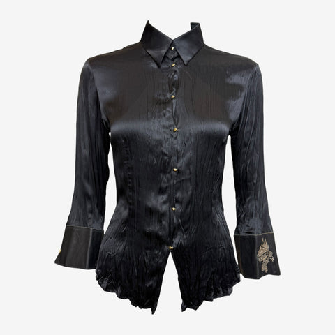 Roberto Cavalli S/S 2003 Crinkled Silk Shirt with Tattoo Heart Embroidery