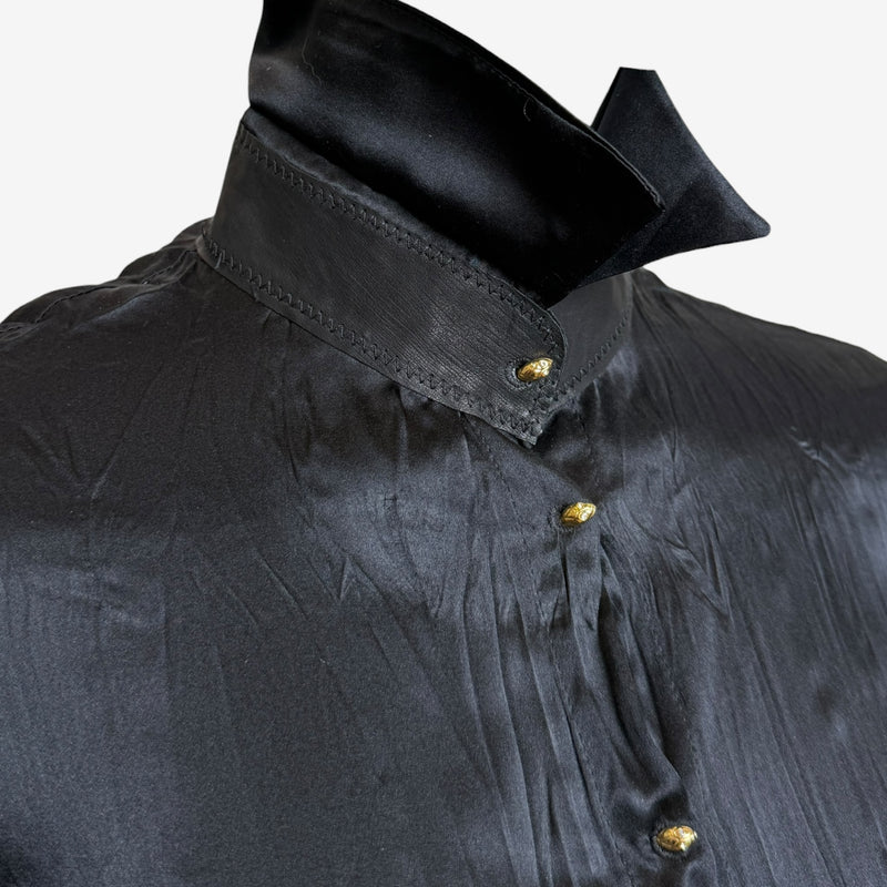 Roberto Cavalli silk shirt, back view of asymmetrical ruffle hem with crinkled texture throughout
