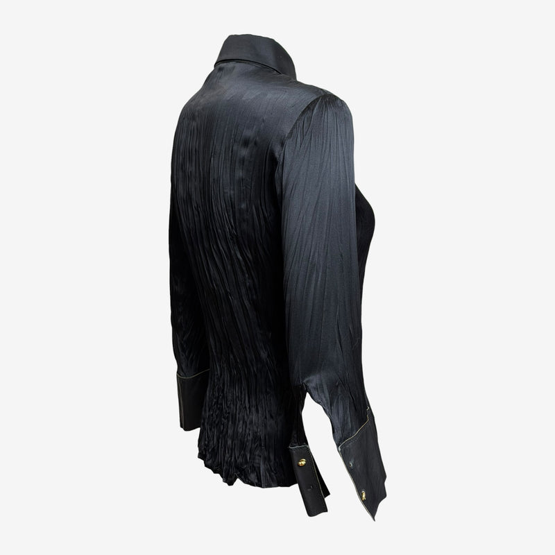 Roberto Cavalli silk shirt, detail of leather cuff panel with embroidered sacred heart and flame motif