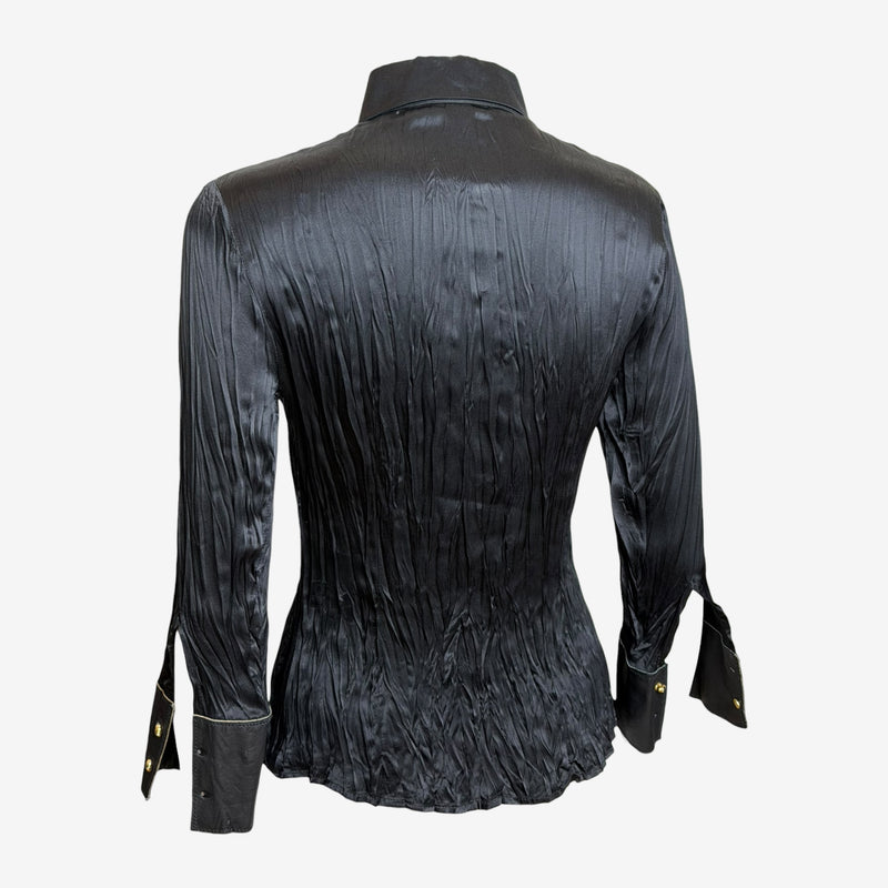 Cream crinkled silk shirt by Roberto Cavalli, layered ruffle hem detail showing bias-cut construction