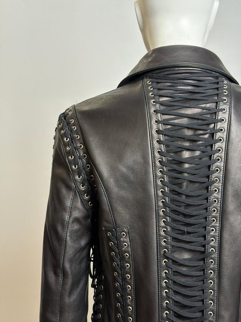Black leather corset jacket by Dolce & Gabbana, shoulder detail