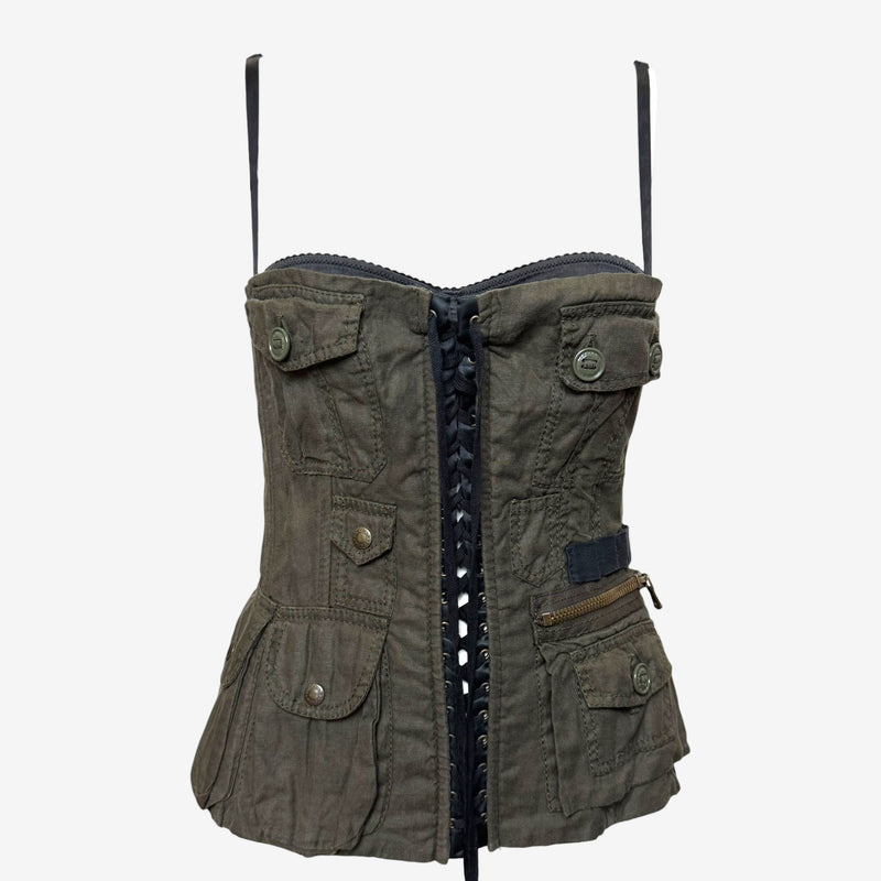 Olive green linen cargo corset by Dolce & Gabbana, front view with military pockets and lace-up closure