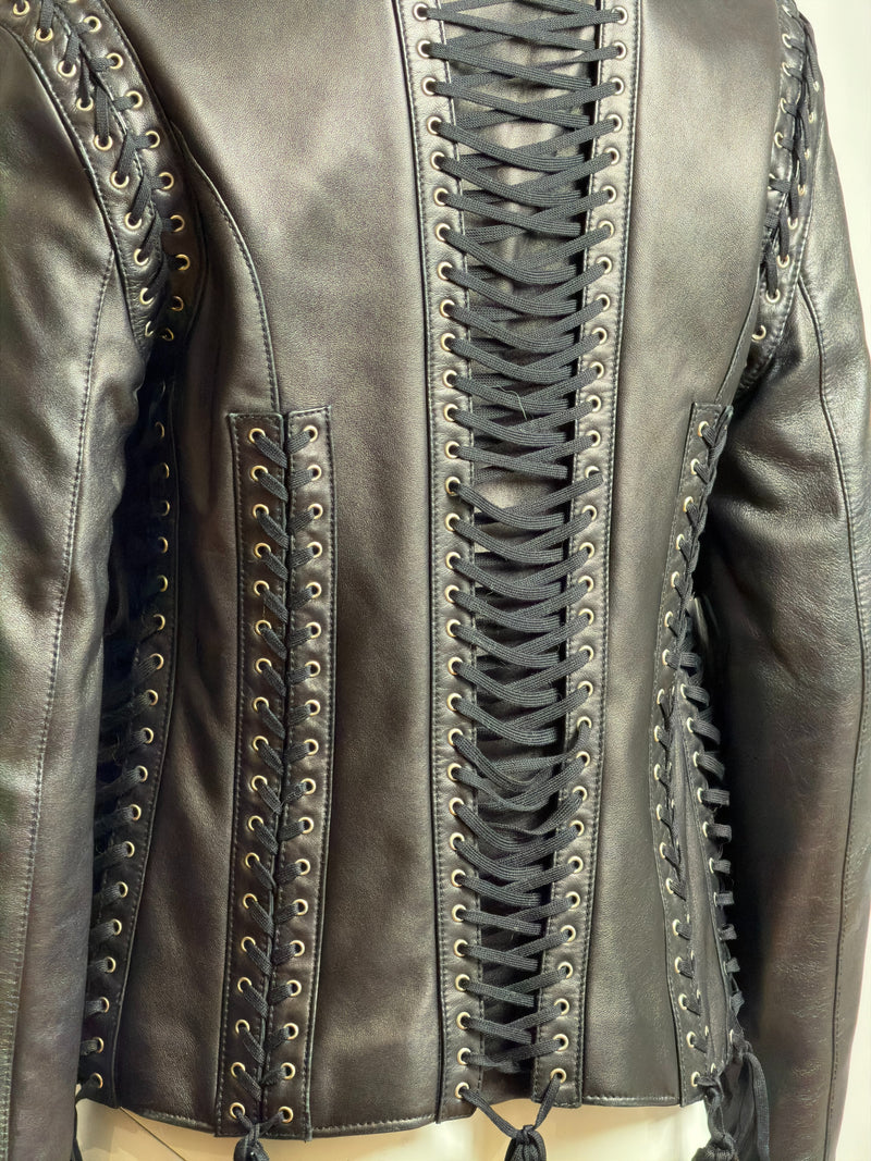 Black leather jacket by Dolce & Gabbana, collar and neckline detail