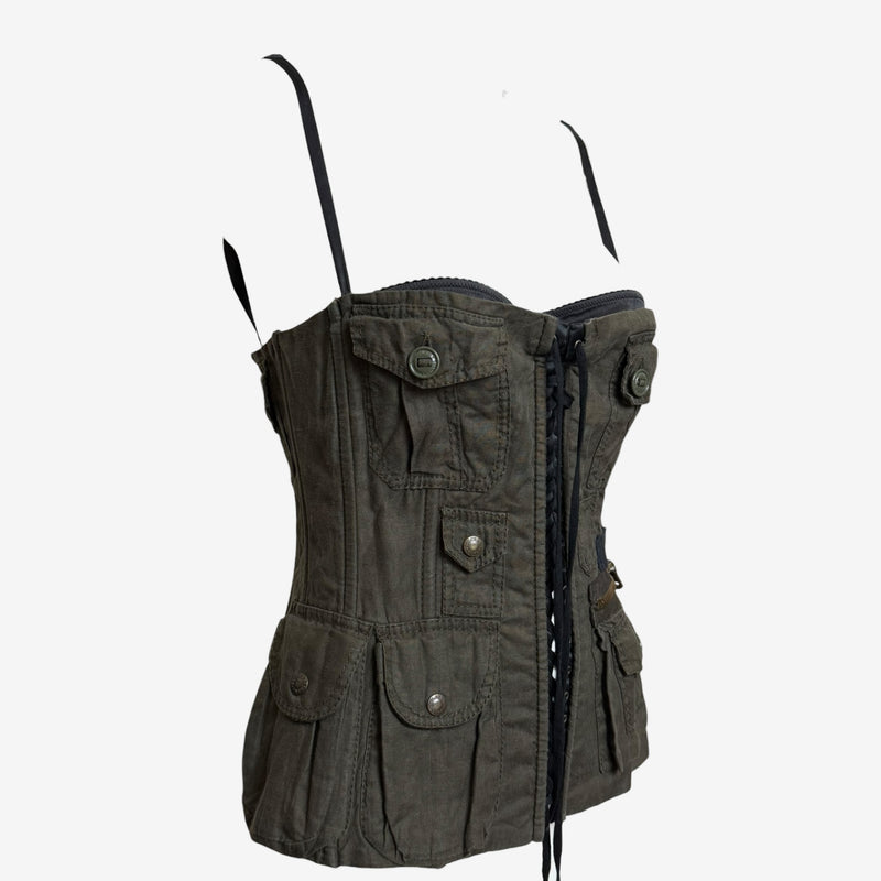 Olive green linen cargo corset by Dolce & Gabbana, side view showing utility pockets and zip detail
