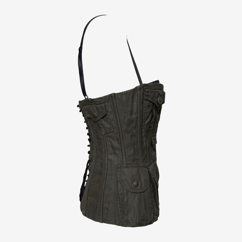 Olive green linen cargo corset by Dolce & Gabbana, back view with adjustable shoulder straps