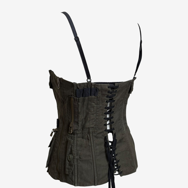 Olive green linen cargo corset by Dolce & Gabbana, detail of lace-up front closure system