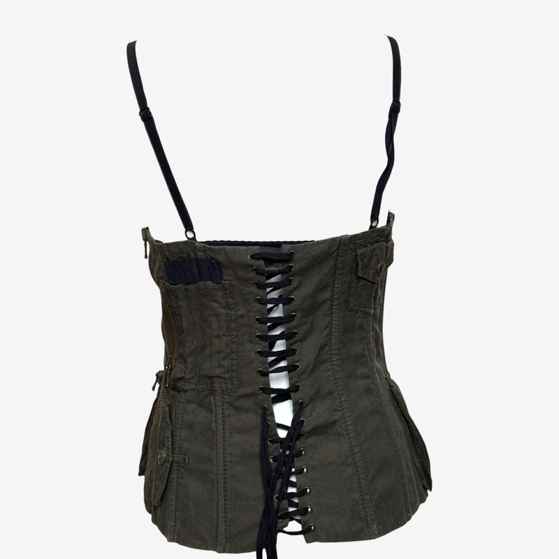 Olive green linen cargo corset by Dolce & Gabbana, close-up of breast pocket with button closure