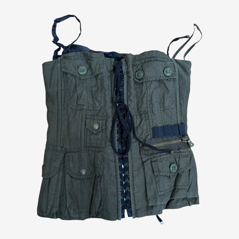 Olive green linen cargo corset by Dolce & Gabbana, detail of cargo pocket with flap