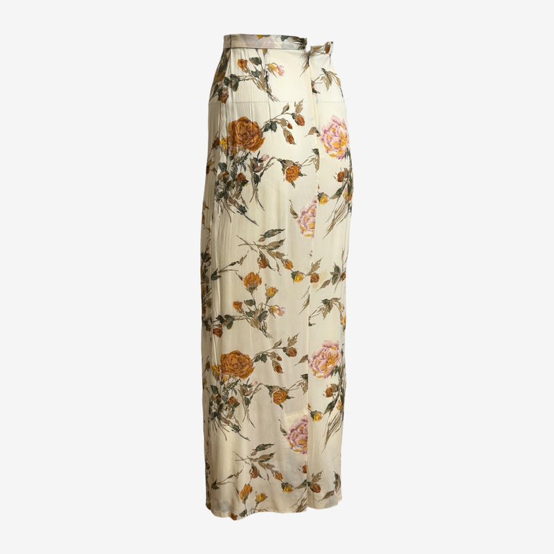 High-waisted maxi silk skirt by Dolce & Gabbana, full-length view with floral botanical print