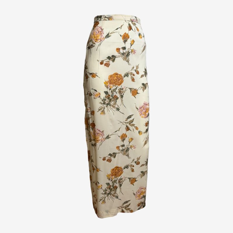 Cream silk skirt by Dolce & Gabbana, detail of botanical floral print in warm tones