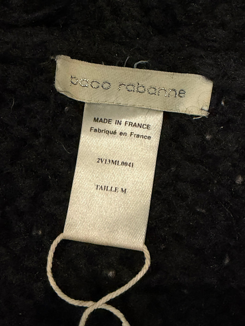 Black wool hooded coat by Paco Rabanne, interior label and construction detail