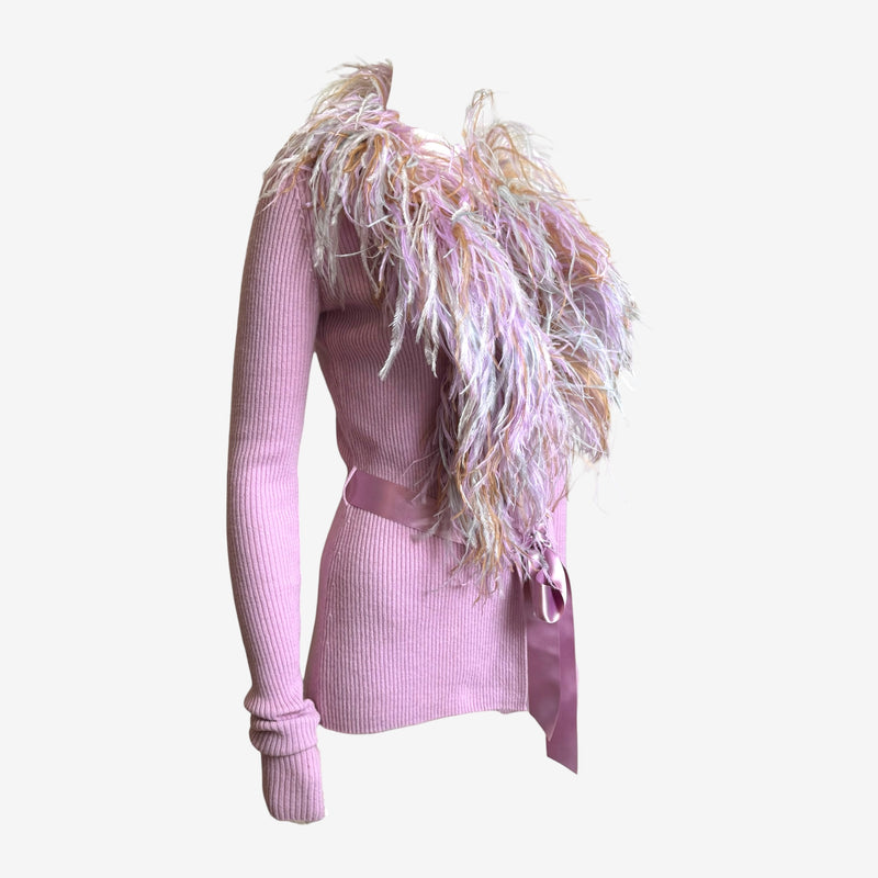 Valentino cardigan front view, ribbed knit with natural and pink-toned feather collar