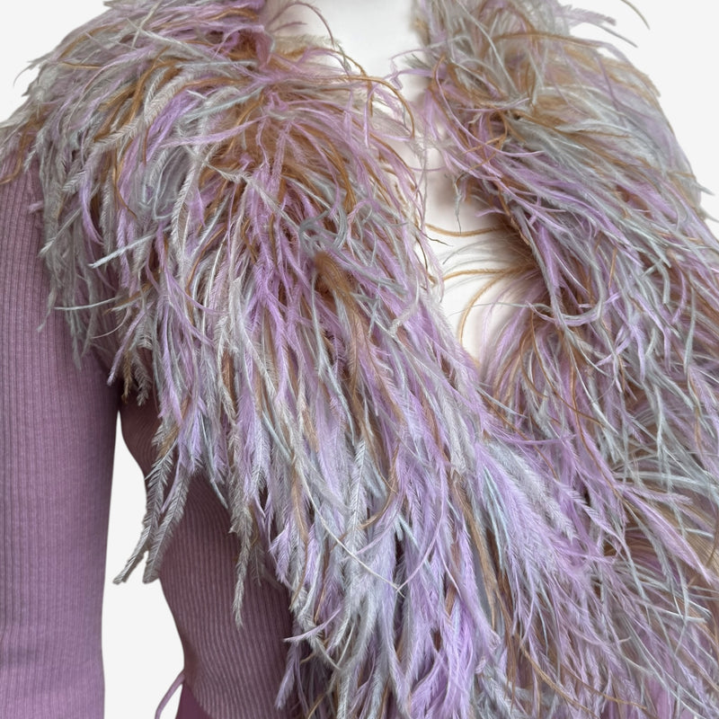Feather collar closeup on Valentino FW2002 cardigan, ostrich feathers framing neckline