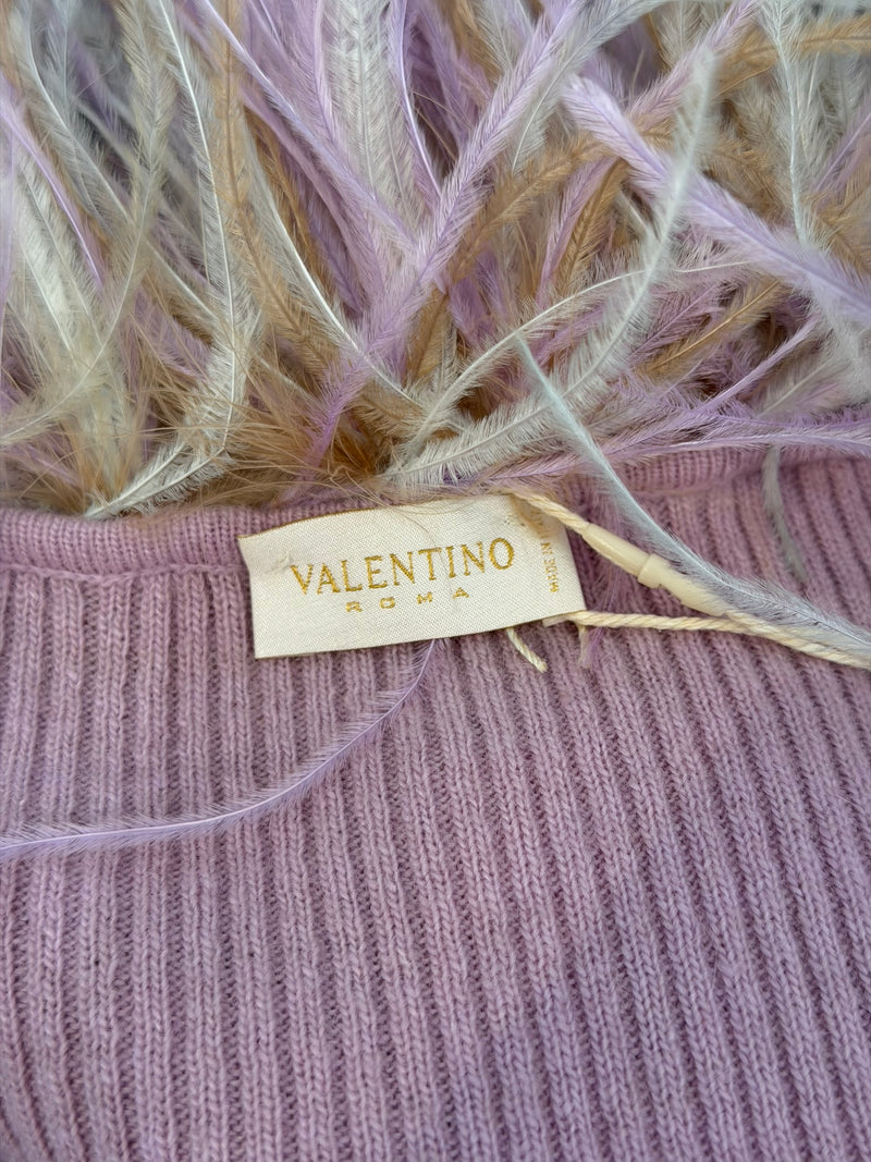 Valentino wool cardigan rear view, lavender pink knit with feather collar treatment