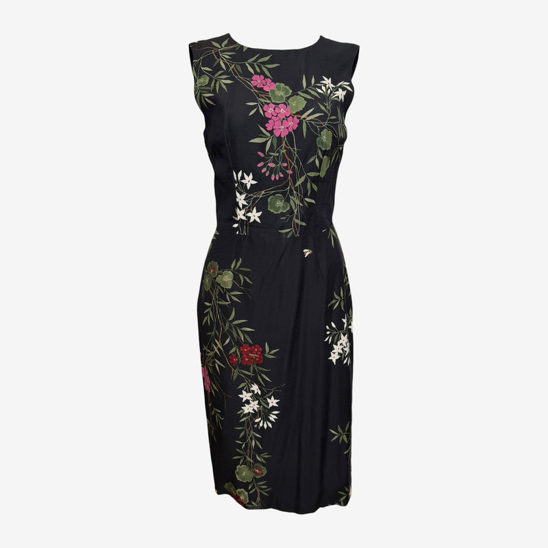Black silk sheath dress by Dolce & Gabbana with botanical floral print, boat neckline, front view