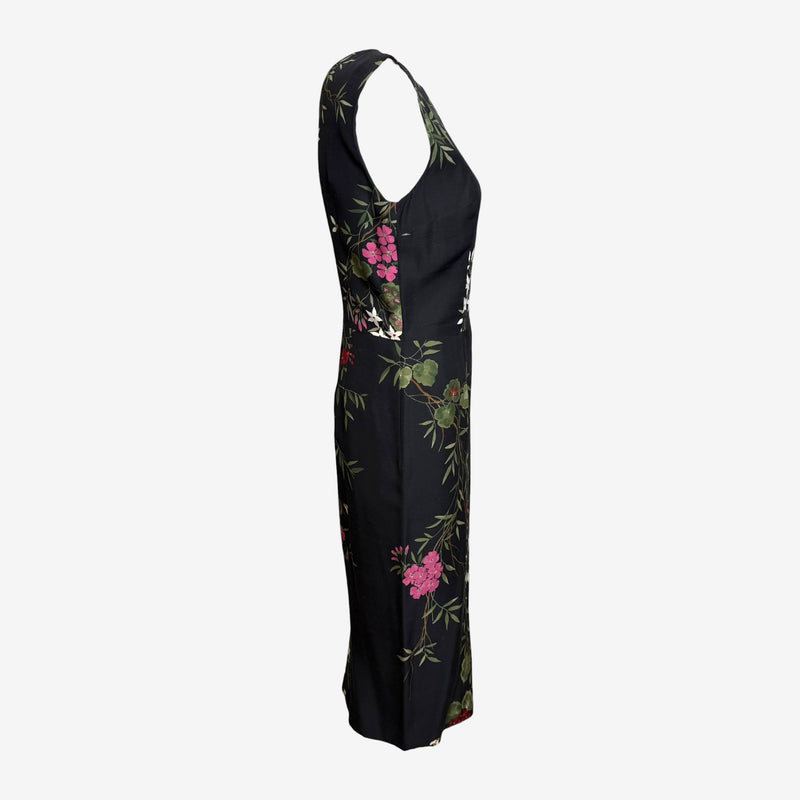 Black silk sheath dress by Dolce & Gabbana, close-up of floral print with pink and white flowers