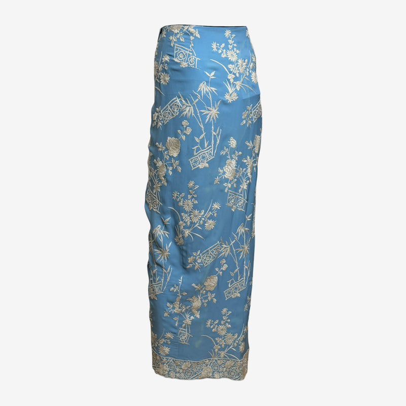 Powder blue silk wrap skirt by Dolce & Gabbana, waistband and tie closure detail