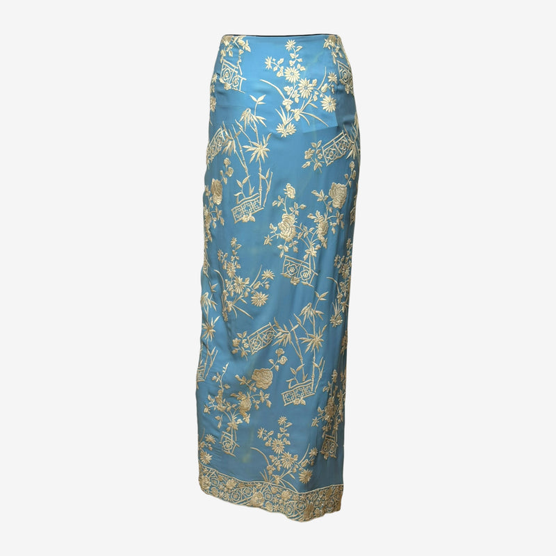 Powder blue silk wrap skirt by Dolce & Gabbana, embroidered roses and daisies detail