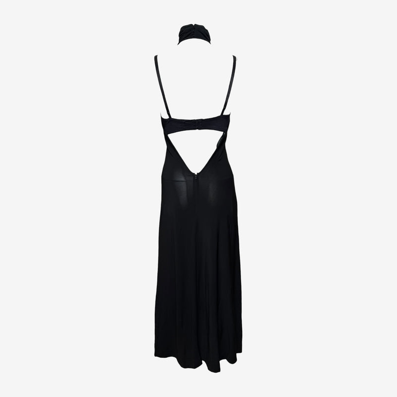 Black halter maxi dress by Dolce & Gabbana, front detail of cowl turtleneck and halter straps