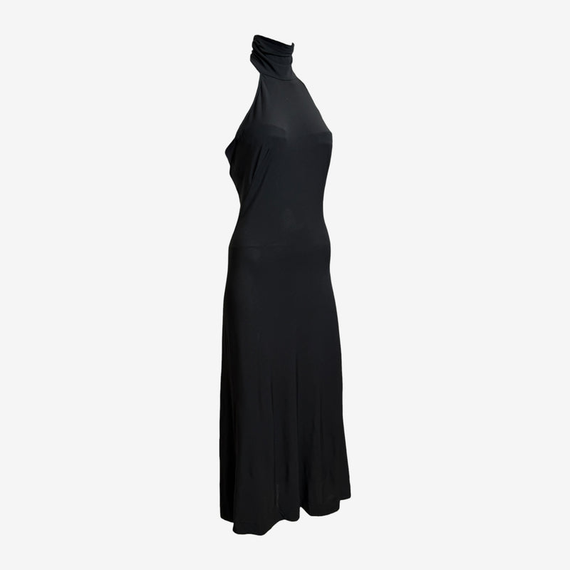 Black halter maxi dress by Dolce & Gabbana, rear view showing open back with horizontal support strap