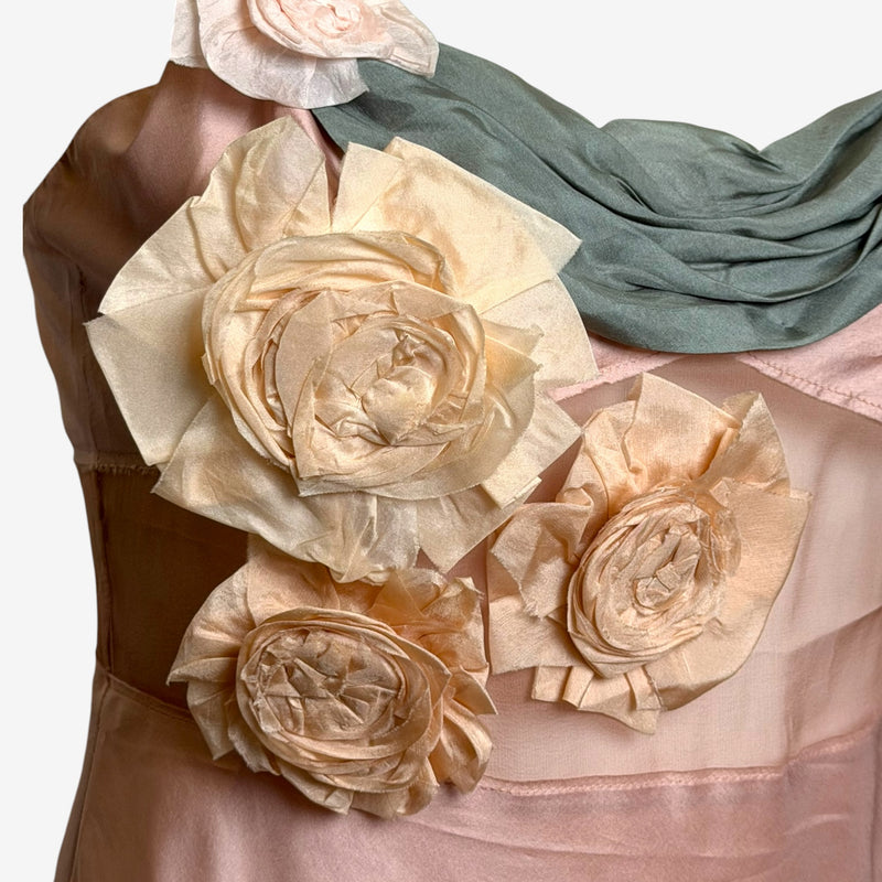 Side zip closure detail on Miu Miu silk taffeta camisole dress with rose embellishments