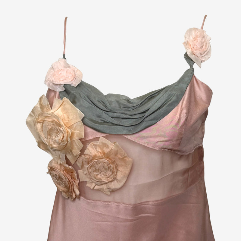 Draped chiffon detail on Miu Miu S/S 2004 camisole dress, asymmetrical bodice construction