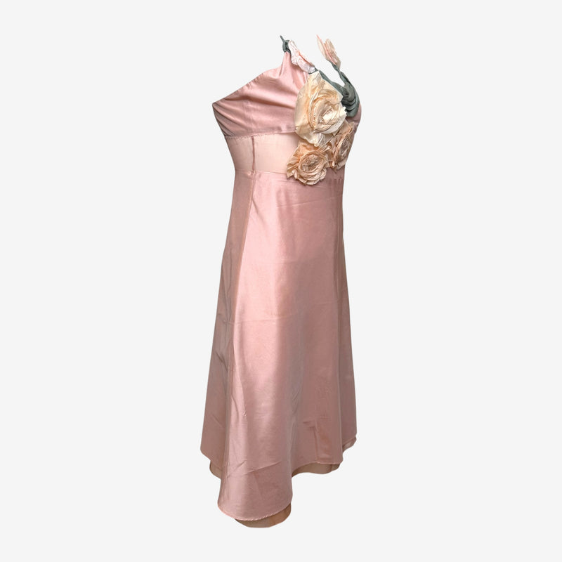 Handcrafted fabric roses on Miu Miu silk dress, gradient pink and cream tones