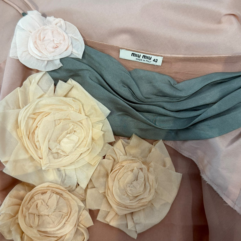 Fitted bodice and A-line skirt of Miu Miu S/S 2004 silk taffeta dress, three-dimensional roses