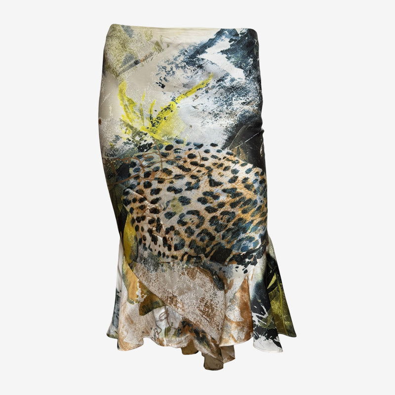 Multicolor printed silk jersey asymmetrical skirt by Roberto Cavalli, S/S 2002, with leopard and botanical print