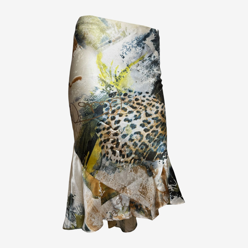 Multicolor printed silk jersey asymmetrical skirt by Roberto Cavalli, S/S 2002, with leopard and botanical print
