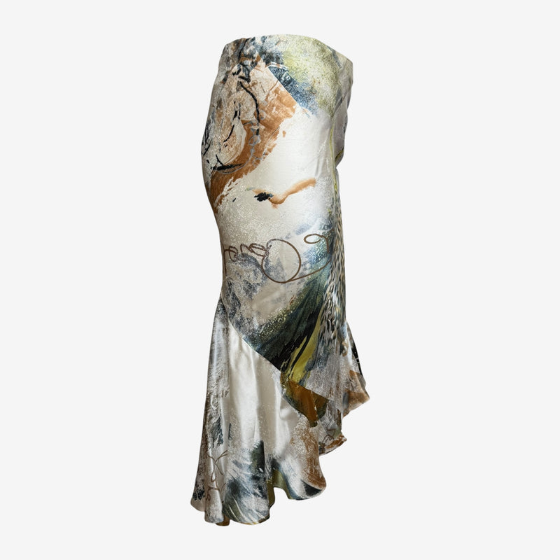 Multicolor printed silk jersey asymmetrical skirt by Roberto Cavalli, S/S 2002, with leopard and botanical print