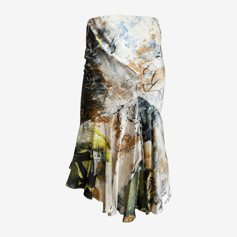 Multicolor printed silk jersey asymmetrical skirt by Roberto Cavalli, S/S 2002, with leopard and botanical print