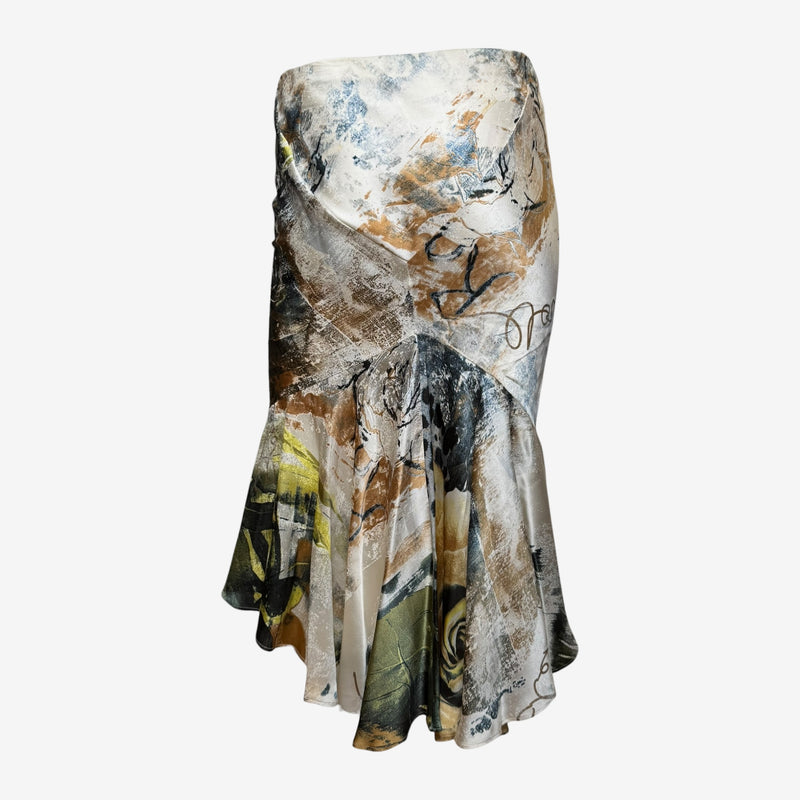 Multicolor printed silk jersey asymmetrical skirt by Roberto Cavalli, S/S 2002, with leopard and botanical print