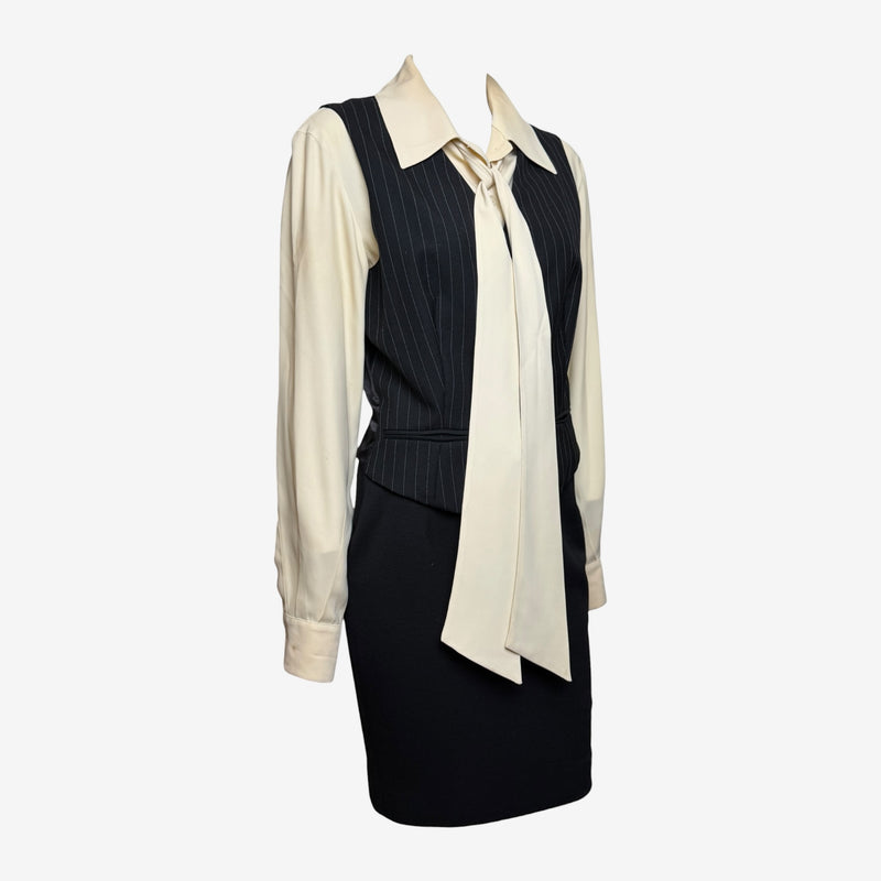 Ivory silk long-sleeve blouse by Moschino Couture, pointed collar with integrated necktie