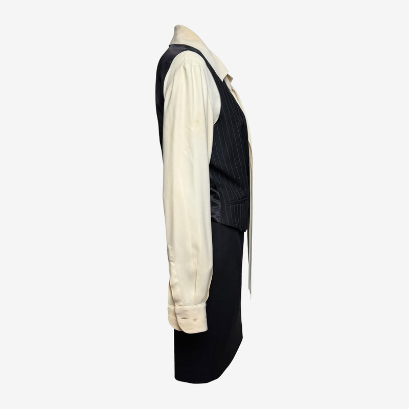 Three-piece ensemble by Moschino Couture, waistcoat with princess seaming and satin lining