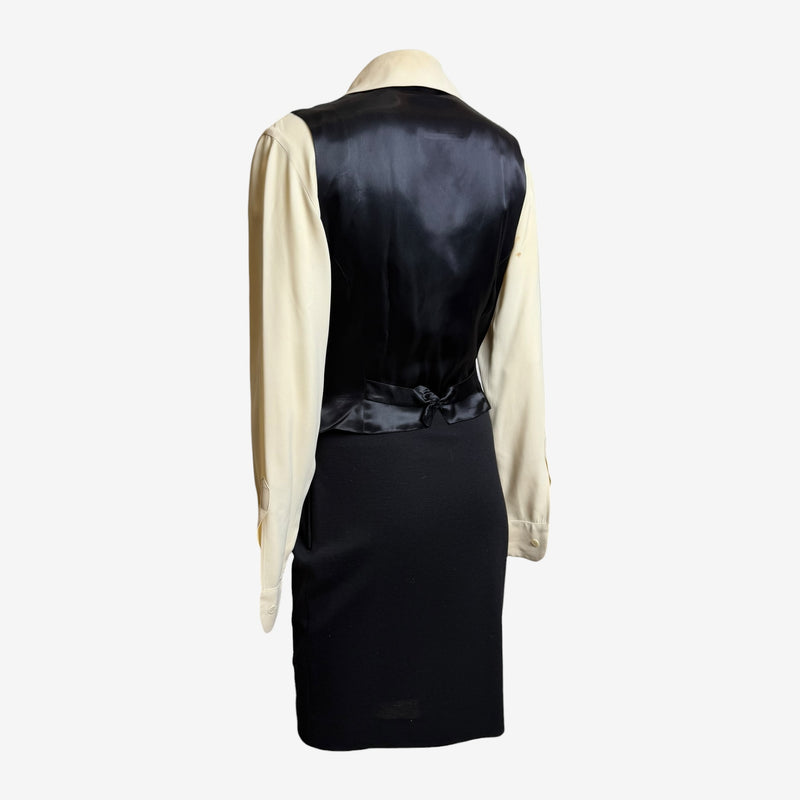 Full three-piece dress by Moschino Couture FW1992, cream silk blouse with black pinstripe wool pieces