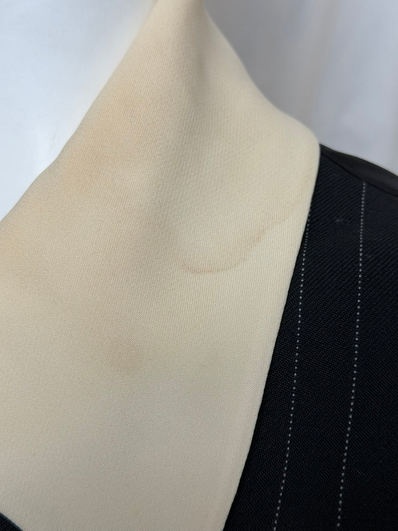 Ensemble front view by Moschino Couture, integrated necktie on ivory silk blouse