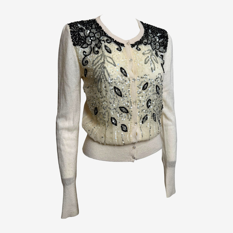 Cream Blumarine cardigan front view showing paisley and floral sequin embellishment