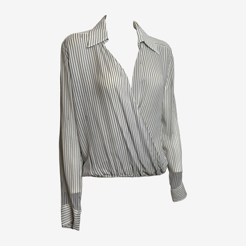 White and black striped silk wrap blouse by Gucci, side profile showing wrap construction
