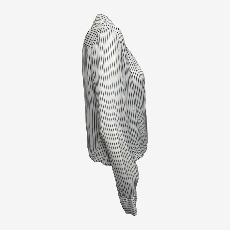 White and black striped silk wrap blouse by Gucci, back view