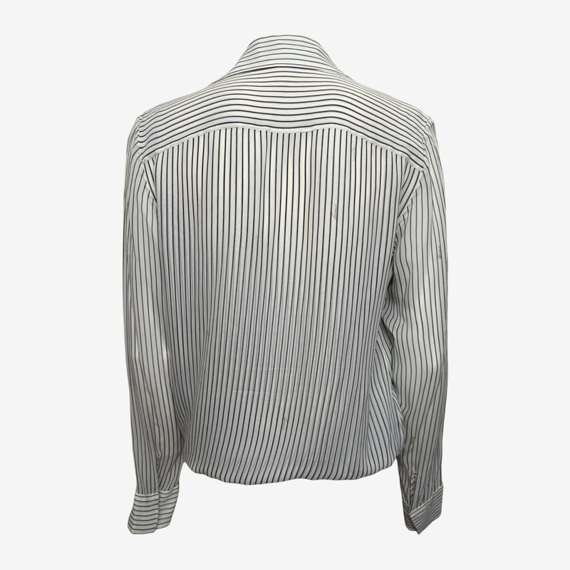 White and black striped silk wrap blouse by Gucci, detail of collar and neckline