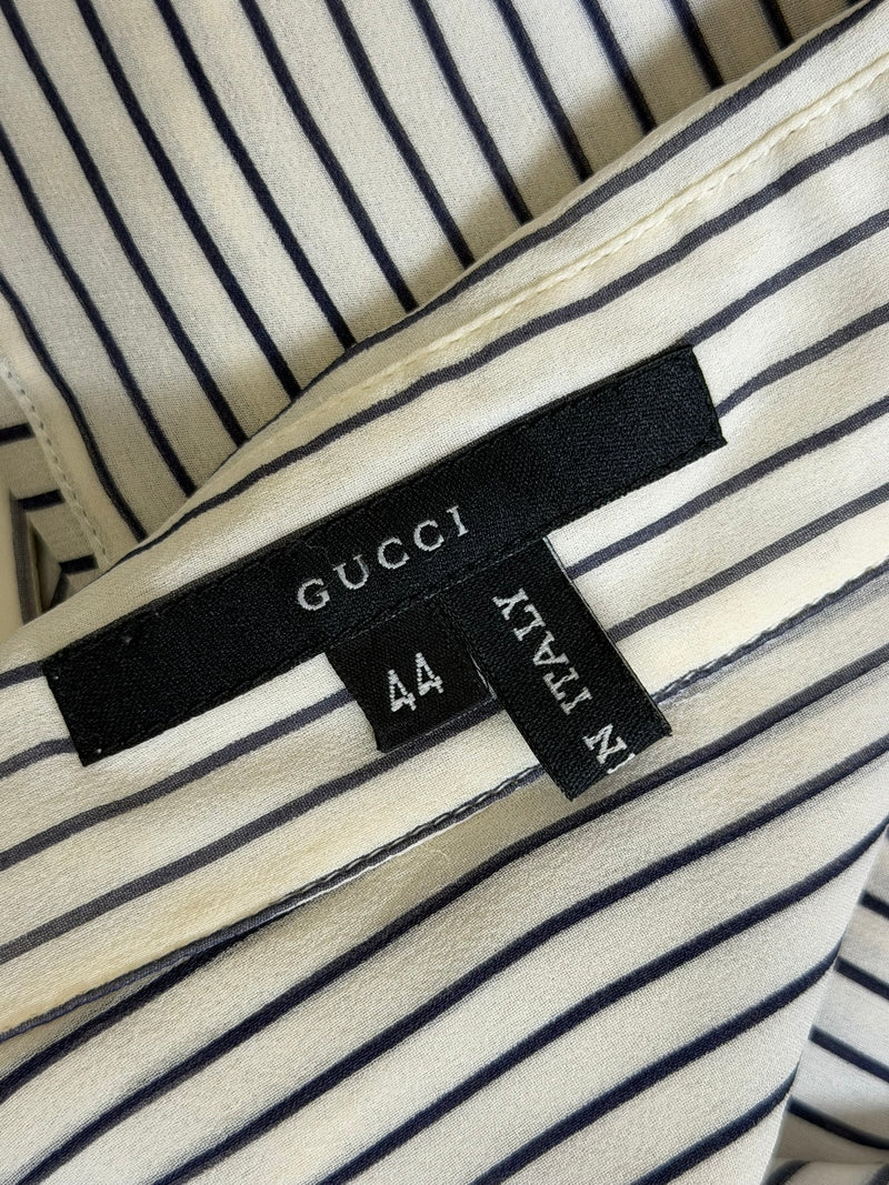 White and black striped silk wrap blouse by Gucci, gathered waist and hem detail