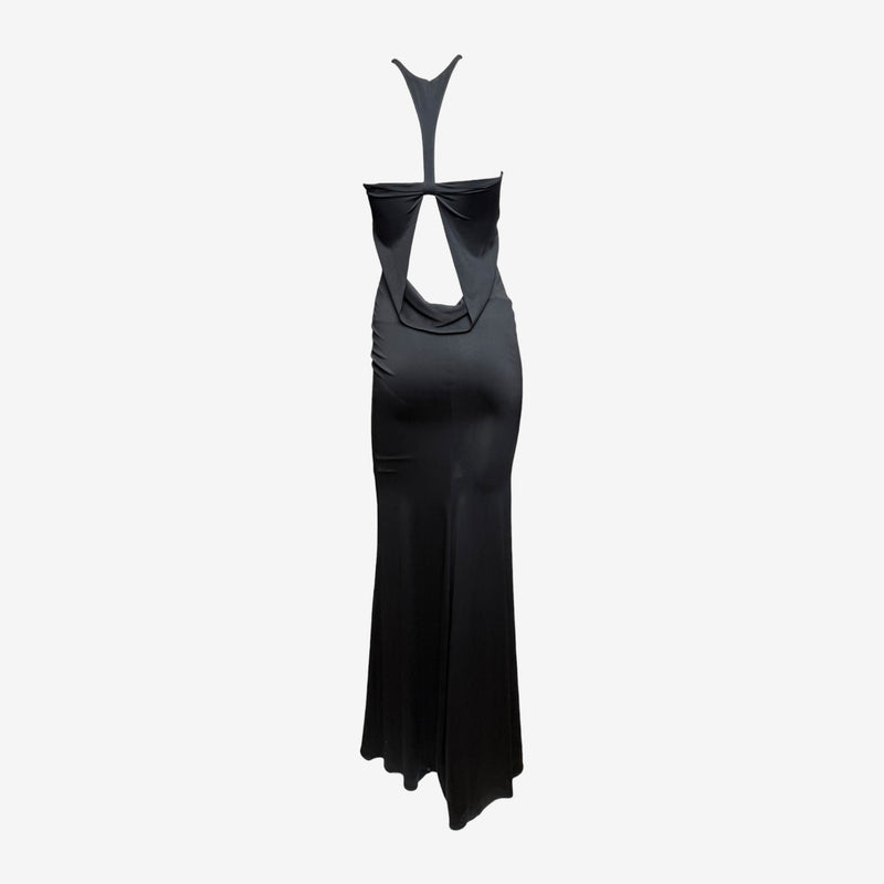 Black jersey halter gown by Gucci, detail of keyhole neckline and chest cutout