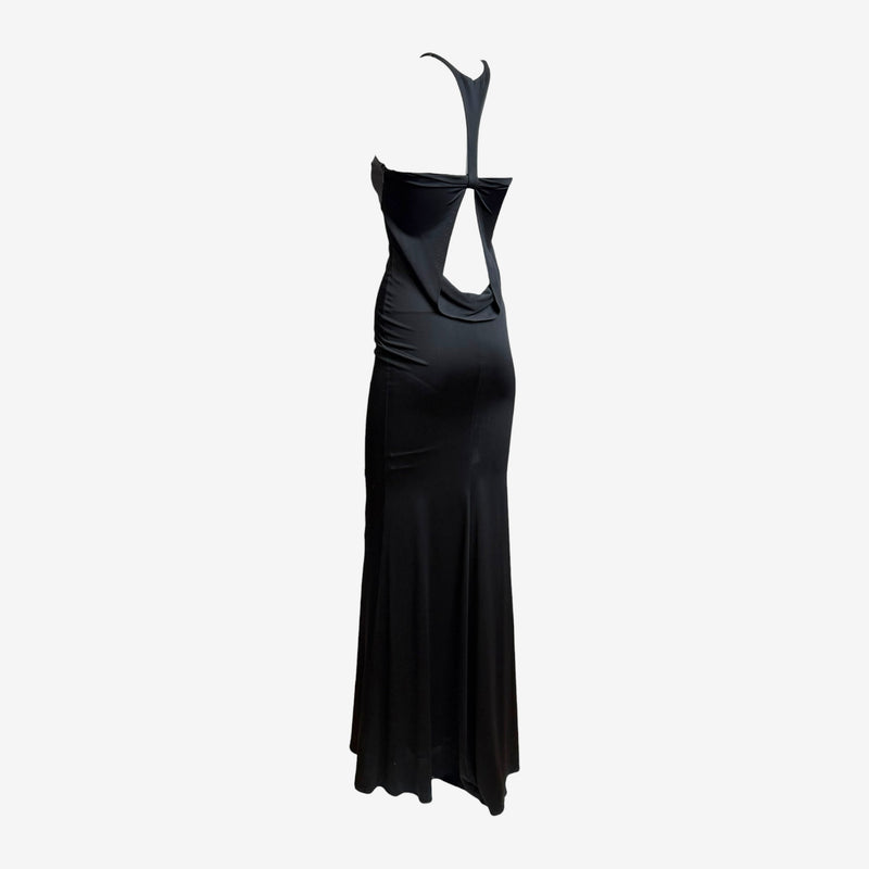 Black jersey halter gown by Gucci, back view of twisted halter construction